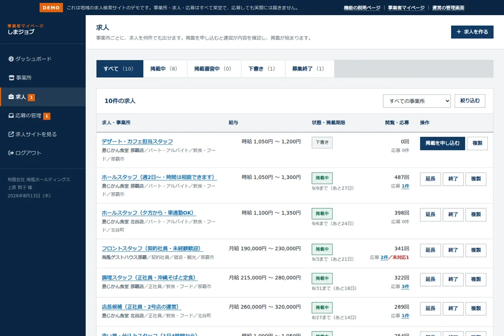 事業者マイページの求人一覧。状態・掲載期限・閲覧数・応募数と操作ボタン
