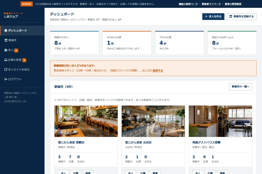 事業者マイページのダッシュボード。掲載中の求人・未対応の応募・事業所ごとの状況を表示