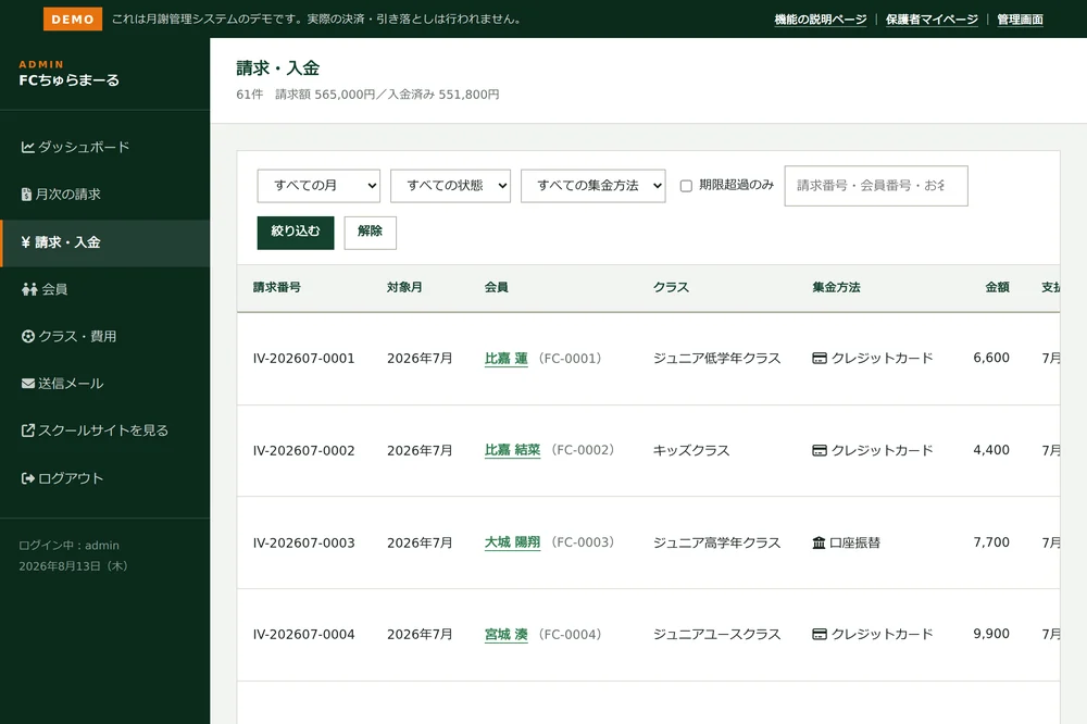 管理画面の請求・入金一覧。請求番号・対象月・会員・集金方法・金額を一覧表示