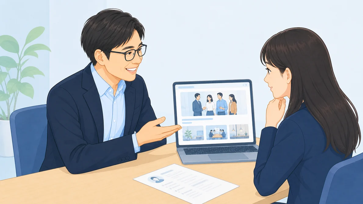 採用ページを見ながら会社について話す担当者と求職者